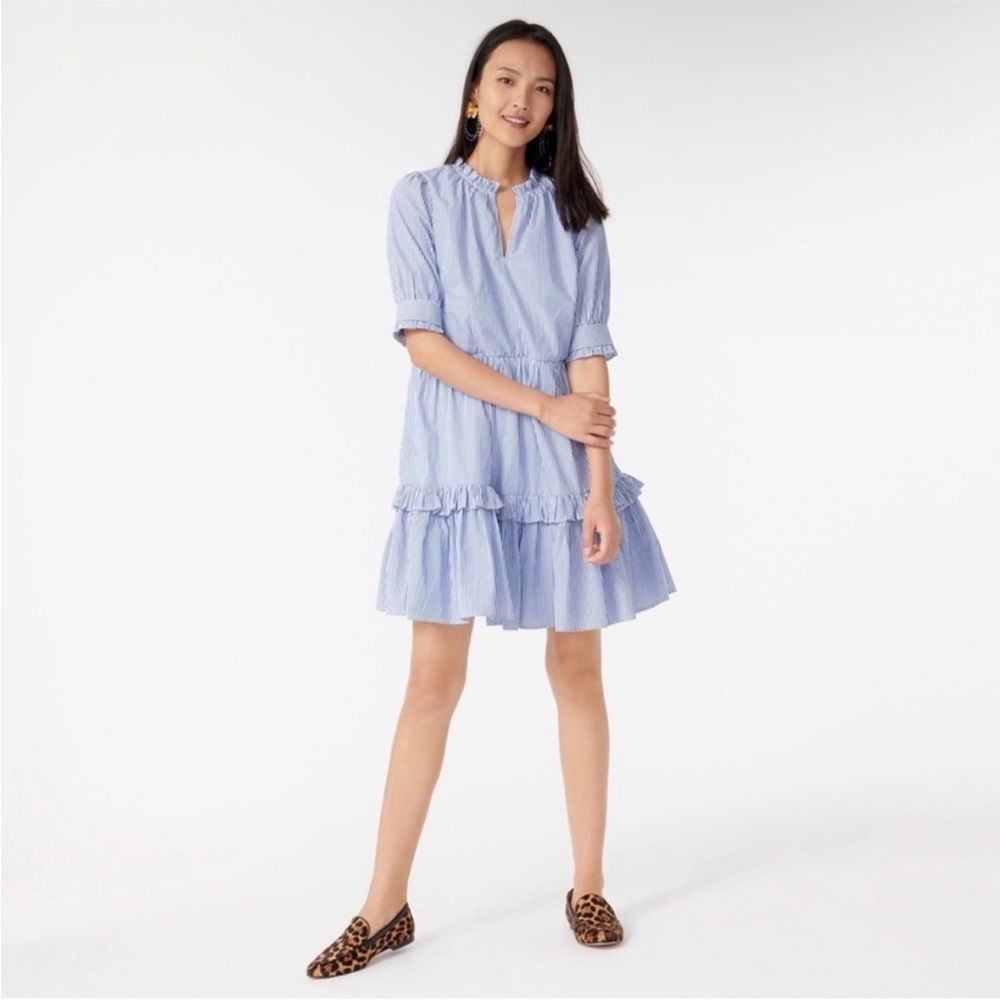J Crew Tiered Popover Dress in Blue and White Stripes